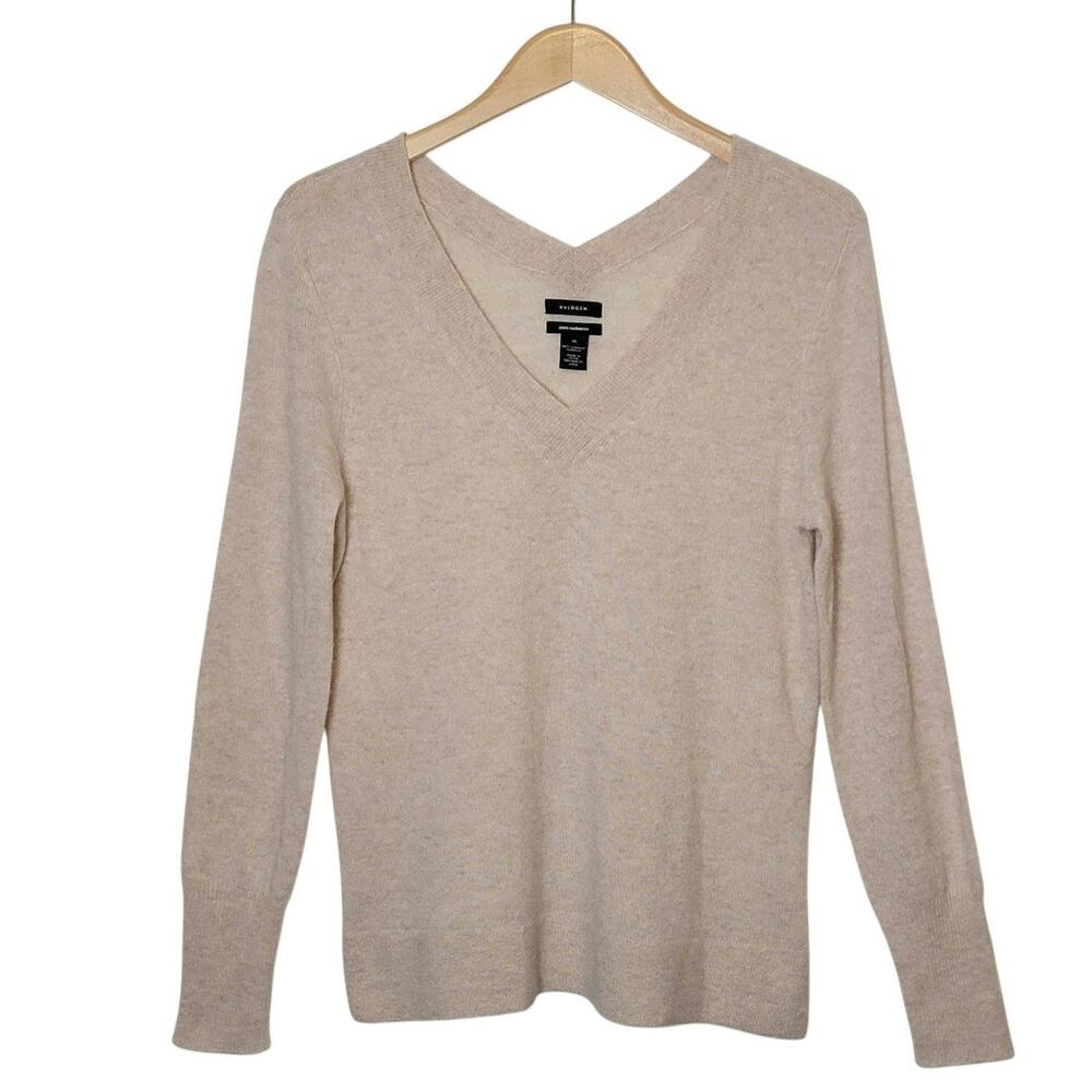 Halogen 100% Cashmere V Neck Pullover Sweater Long Sleeve Beige Cream M Classic - Picture 2 of 11